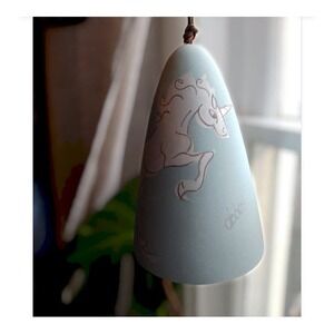 Vintage Light Blue Ceramic Cowbell, Hand-Painted Unicorn Decor